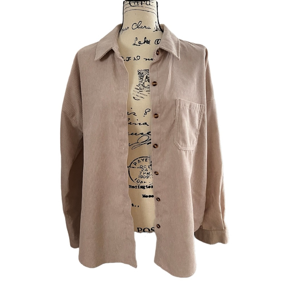 Beige Tan Cream Shacket Button Down Oversized Shirt LARGE.